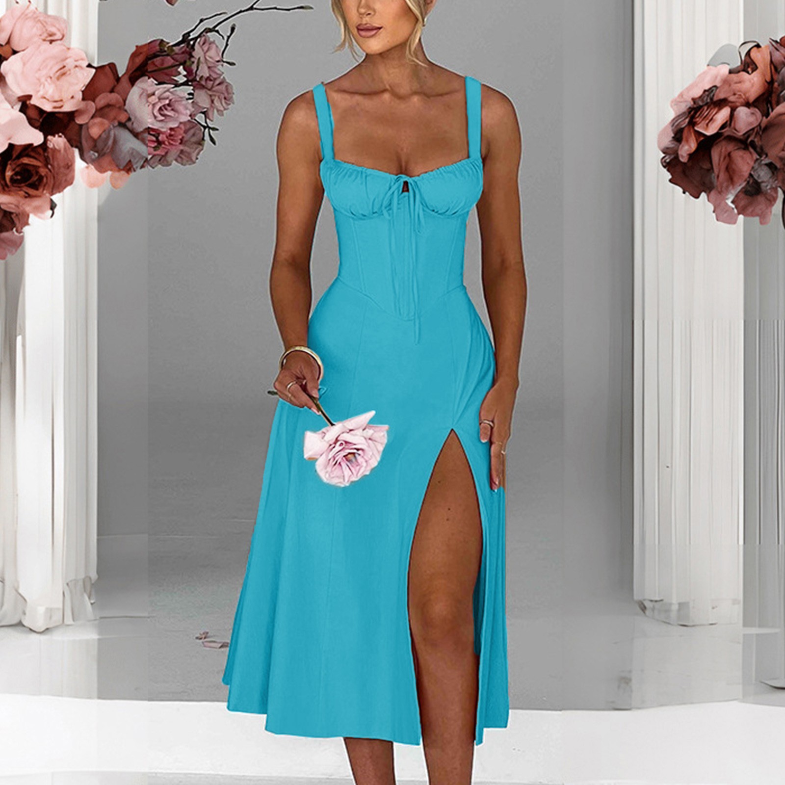 thumbnail image 2 of Vestido largo sin mangas y sin espalda con corte en A para mujer - Color liso, poliéster, para fiestas de verano y ocasiones formales, 2 of 5